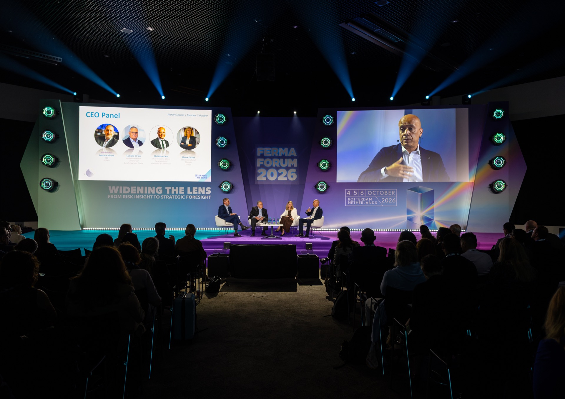 Wide shot of FERMA Forum CEO panel in Rotterdam captured by trade show photographer