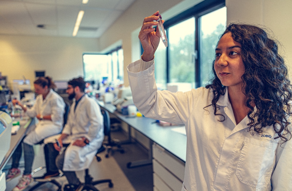 Onderzoeker bekijkt reageerbuis in laboratorium